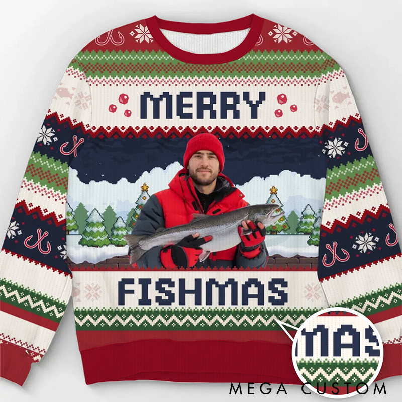 Personalized Merry Fishmas Ugly Sweater Fishing Ugly Christmas Sweater with Photo Funny Gift for Anglers Festive Holiday Fishing Apparel
