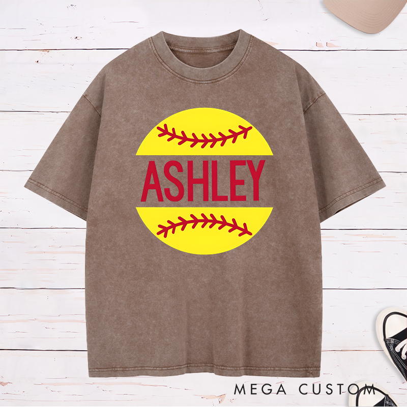 Personalized Softball Washed T-Shirt Design Featuring Custom Name Bold Text and Bright Softball Graphic