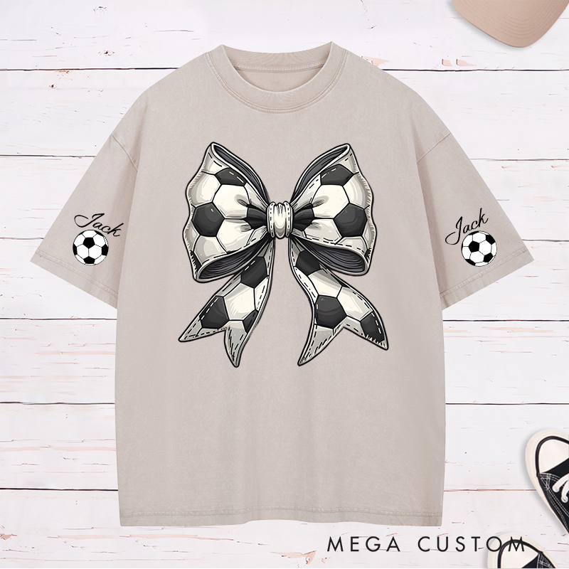 Personalized Soccer Washed T-Shirt with Stylish Soccer Ball Bow and Custom Name
