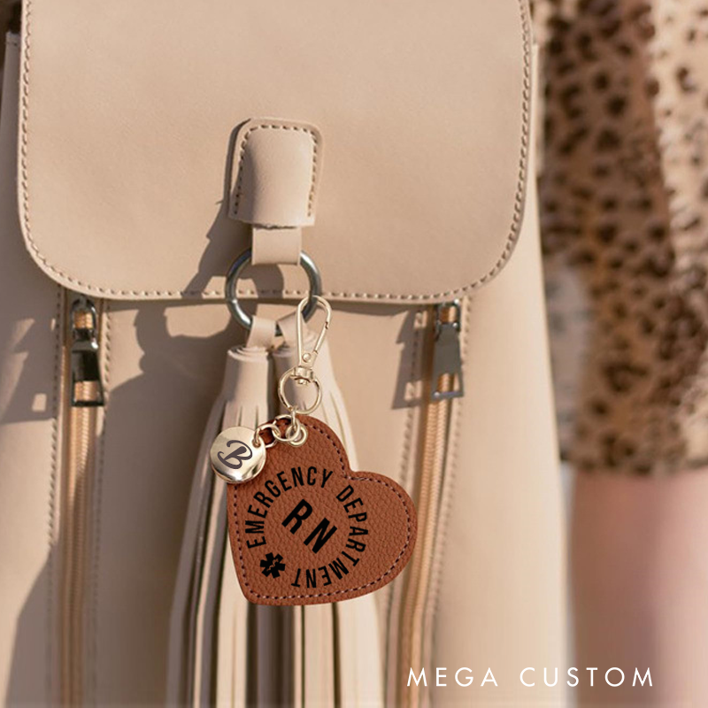 Personalized Heart Leather Engraved Keychain for ER Nurse Emergency Department Nurse Keychain Gift