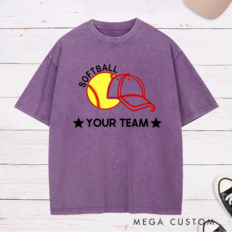 Personalized Softball Team Washed T-Shirt Design Featuring Customizable Team Name Bold Softball Graphic and Baseball Cap Element