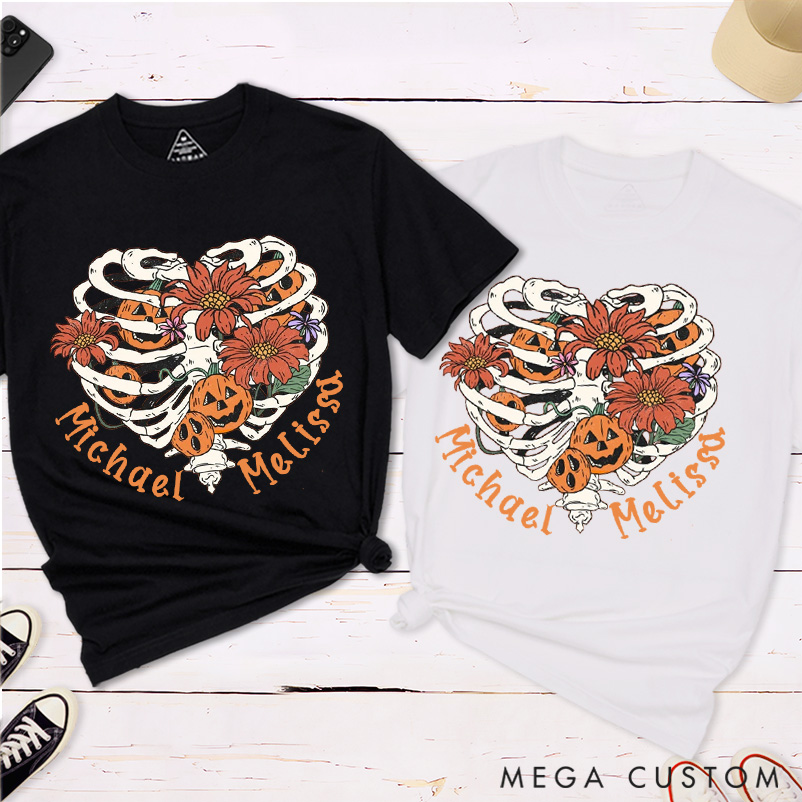 Personalized Heart Skull Pumpkin Couple Halloween T-Shirt 