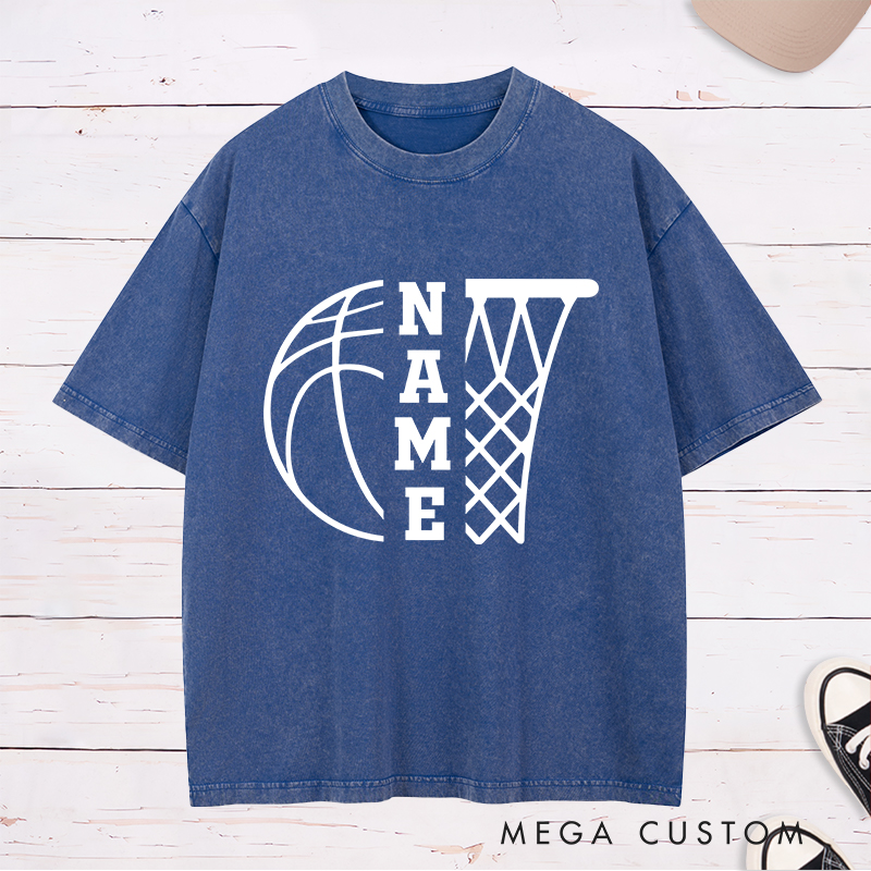Personalized Washed T-Shirt Design Featuring a Basketball and Hoop Graphic with Customizable Vertical Name