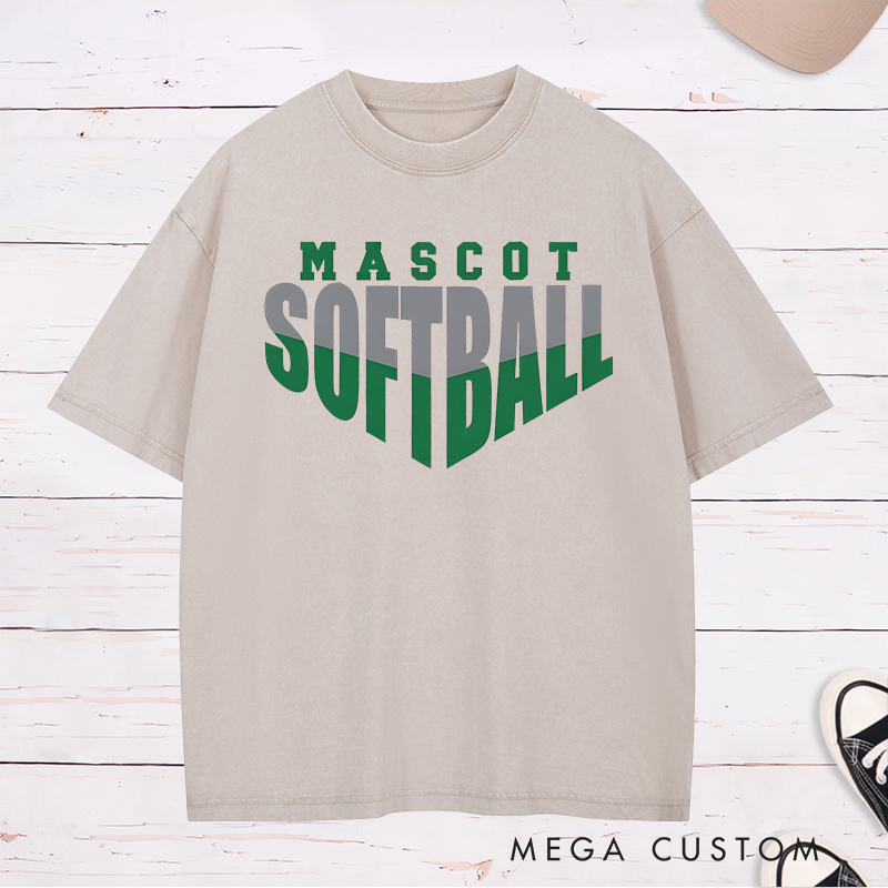 Personalized Softball Washed T-Shirt Design Featuring Custom Team Name Bold Split-Tone Typography Dynamic Angular Layout and Modern Sports Aesthetic