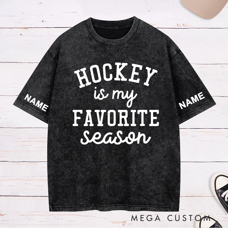 Personalized "Hockey Is My Favorite Season" Washed T-Shirt with Custom Name and Number