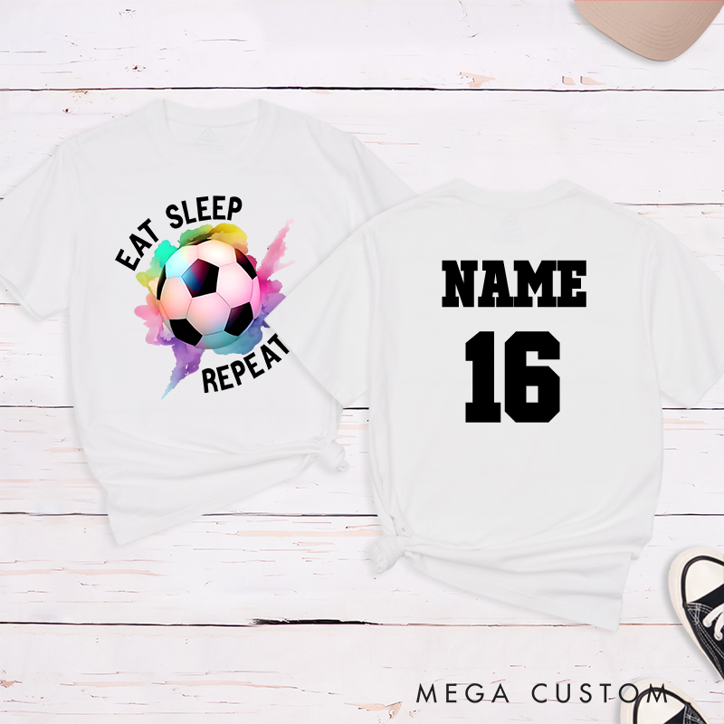 Personalized Soccer T-Shirt with "Eat Sleep Repeat" Design and Custom Name and Number