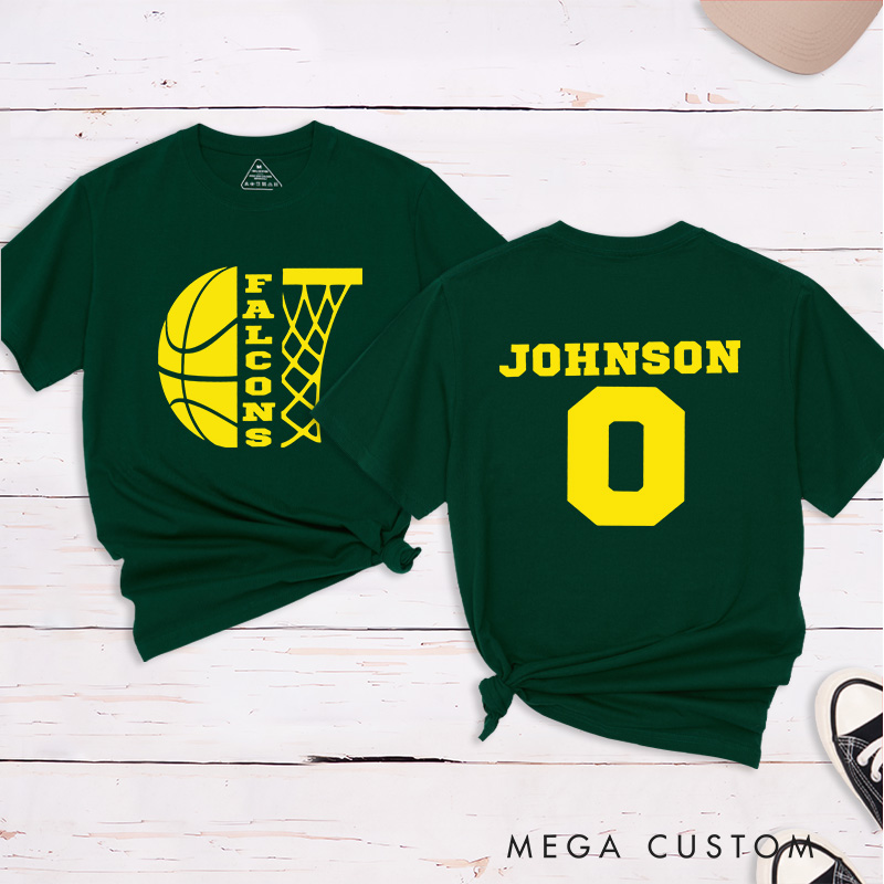 Personalized Basketball T-Shirt with Custom Team Name, Player Name, Number, and Hoop Graphic Design