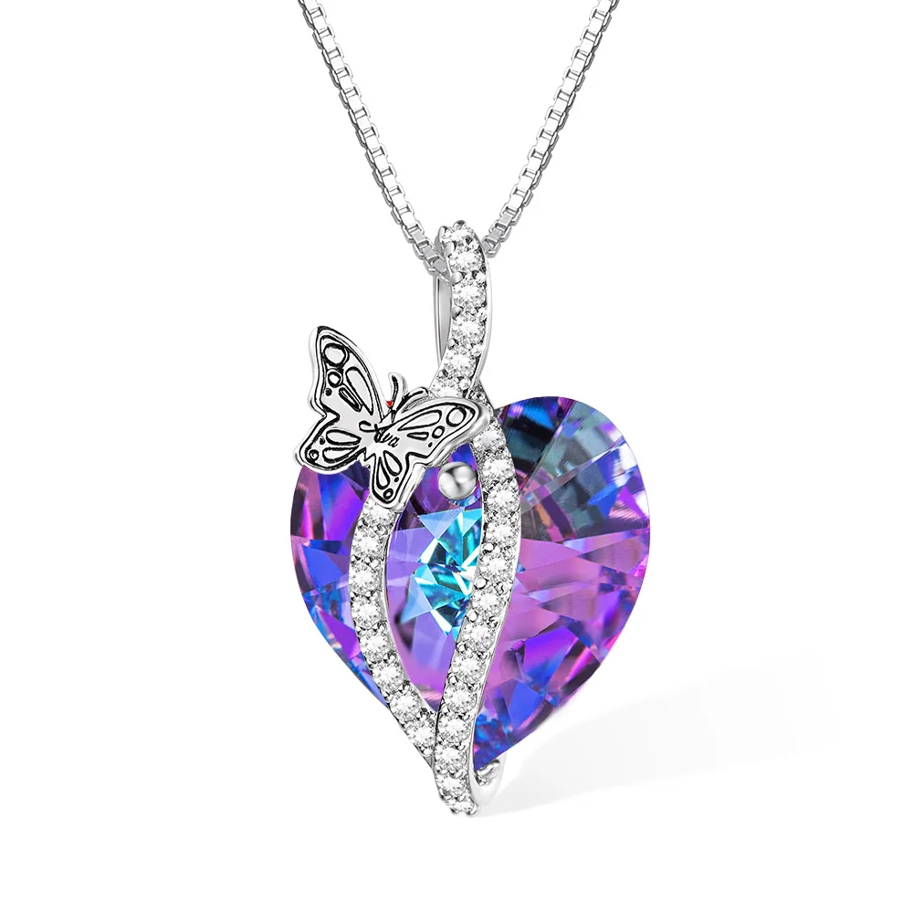 Personalized Birth Month Butterfly Zircon Crystal Heart Pendant Necklace with 1-6 Engraved Name Birthday Mother's Day Gardening Loves Gift for Women