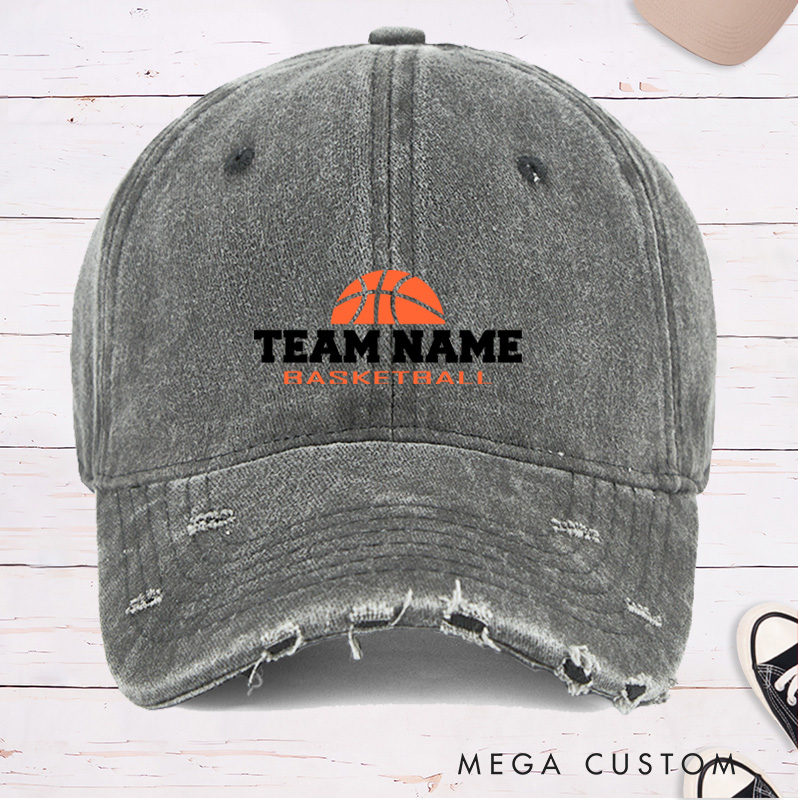 Personalized Distressed Denim Basketball Cap with Custom Team Name Design