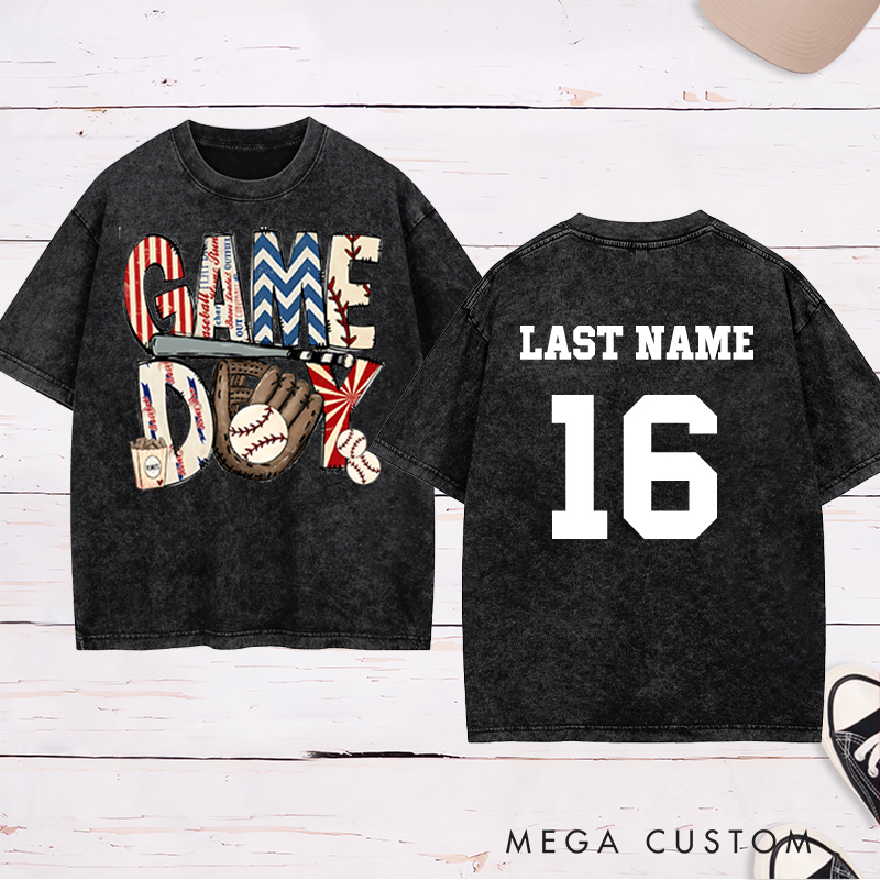 Personalized Patriotic "Game Day" Baseball Washed T-Shirt with Custom Name and Number   