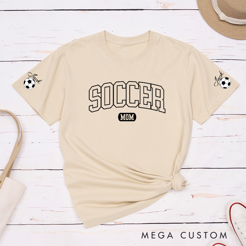 Personalized Soccer Mom T-Shirt with Custom Sleeve Name Design