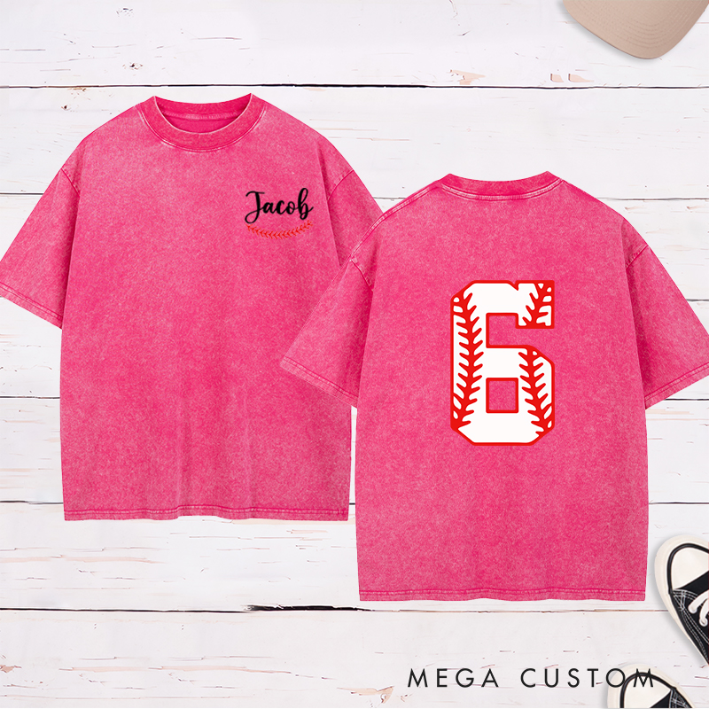 Personalized Sports Washed T-Shirt with Custom Name and Unique Baseball Stitch Number Design