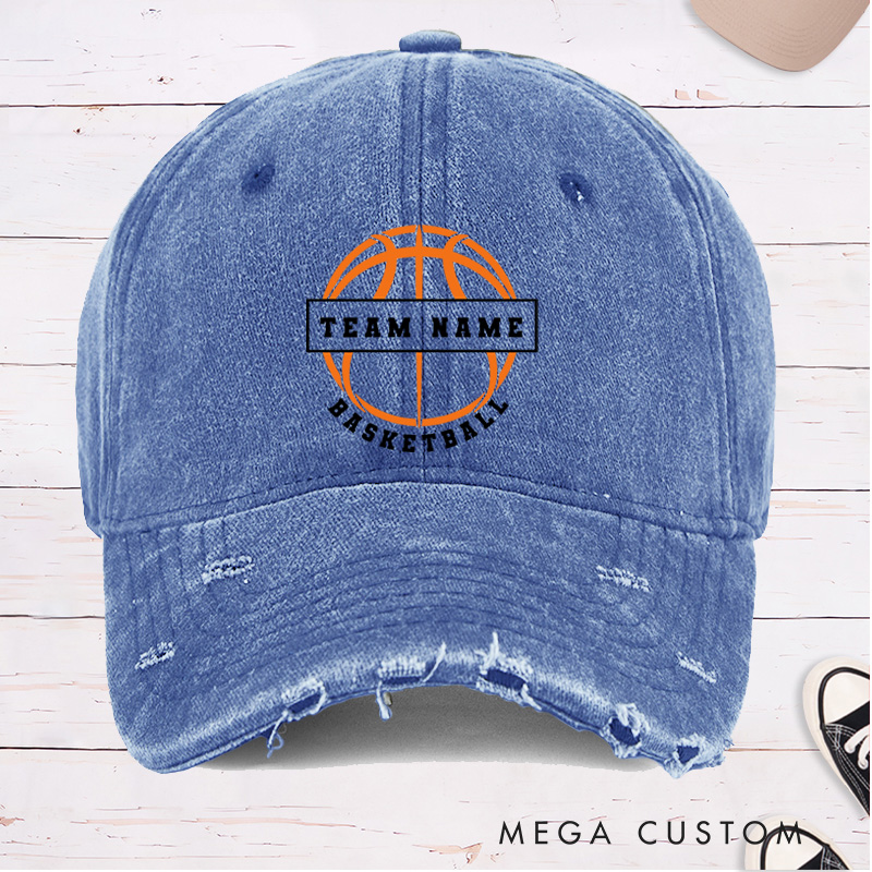 Personalized Distressed Denim Basketball Cap with Custom Team Name and Basketball Graphic Design