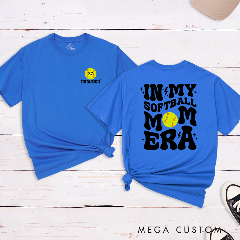 Personalized Softball Mom T-Shirt Design Featuring Bold Retro Text Custom Player Number and Name with Softball Graphic