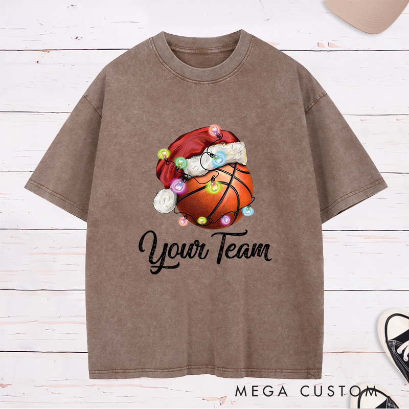 Personalized Festive Washed T-Shirt with Custom Team Name and Basketball Santa Hat Design