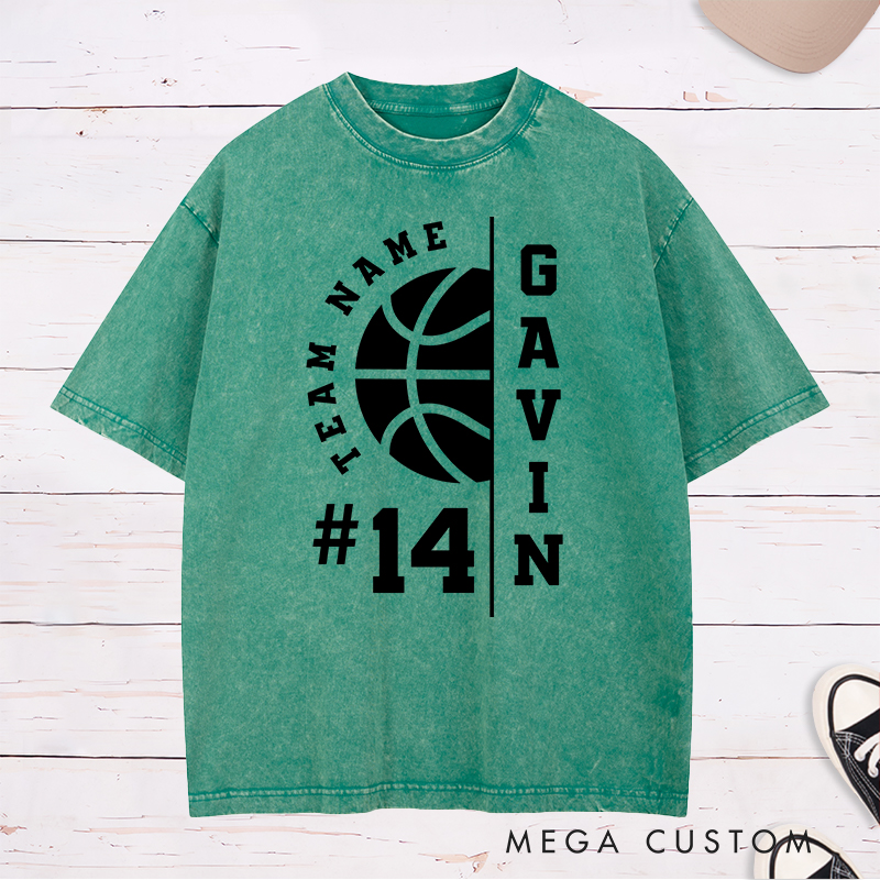 Personalized Washed T-Shirt Design Featuring Customizable Team Name Player Name and Number with Bold Basketball Graphics
