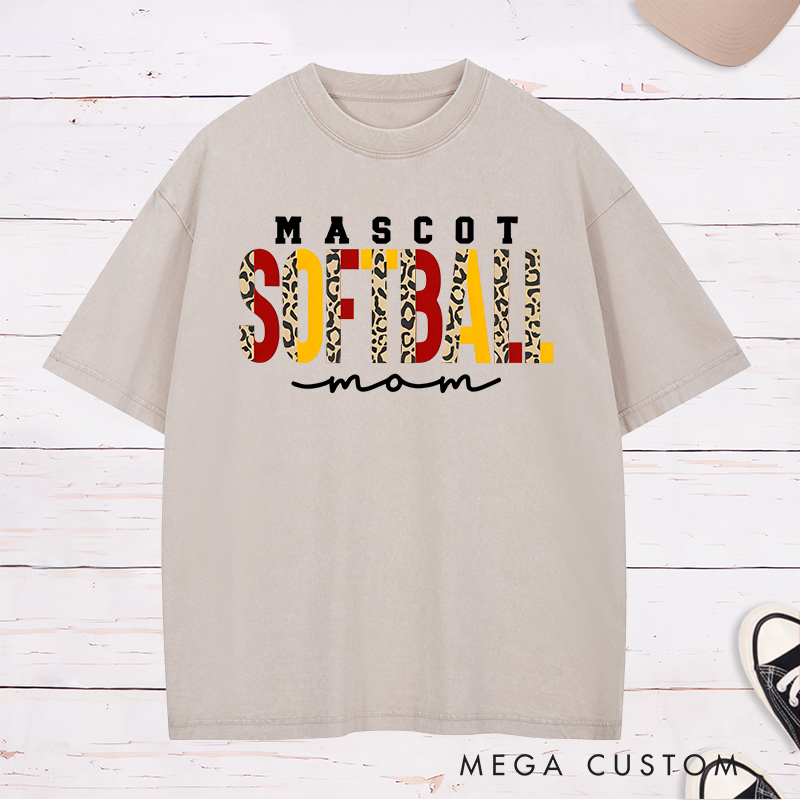 Personalized Softball Mom Washed T-Shirt Design Featuring Custom Team Name Leopard Print Bold Typography and Stylish Script Accent