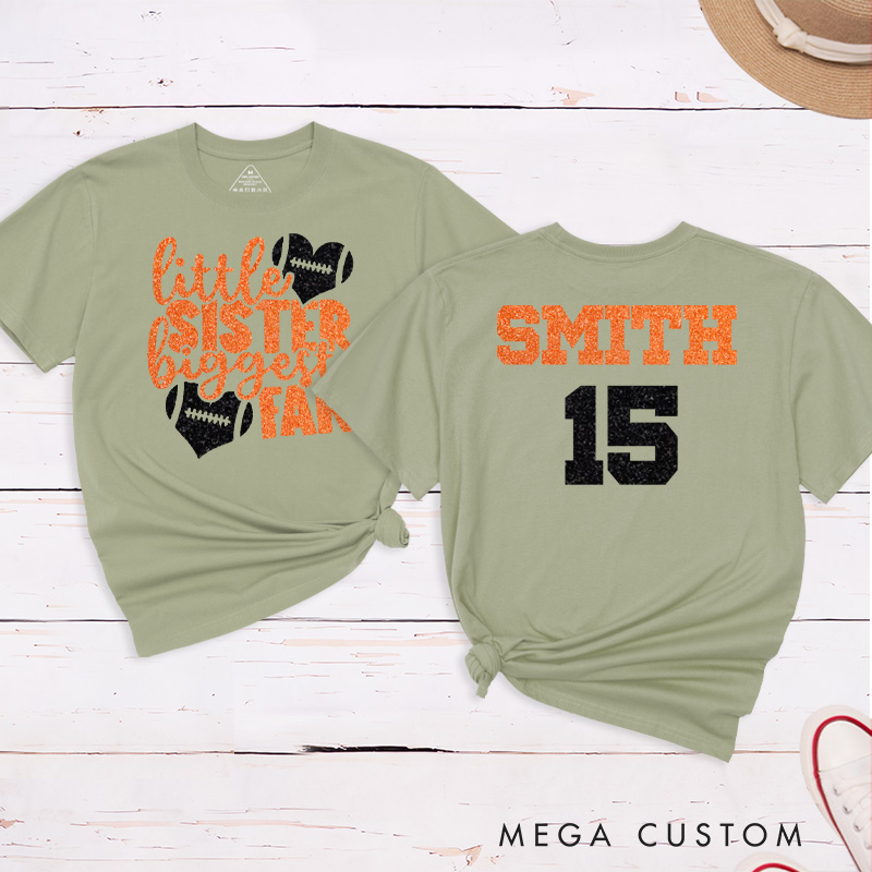 Personalized American Football and Rugby T-Shirts for "Little Sister Biggest Fans" with Custom Name and Number on the Jersey