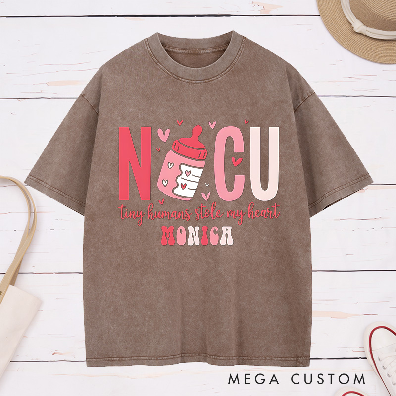 Personalized Nurse Washed T-Shirt Customized NICU Tiny Humans Stole My Heart Design Washed T-Shirt 