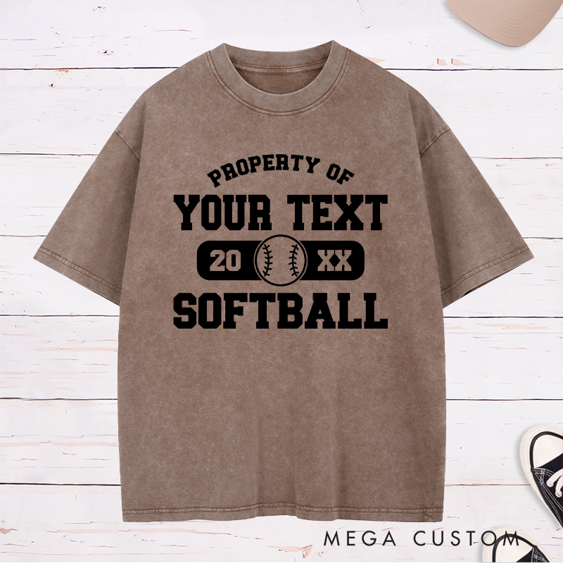 Personalized "Property of" Softball Washed T-Shirt Design Featuring Custom Text Year and Central Softball Graphic for a Classic Team Look