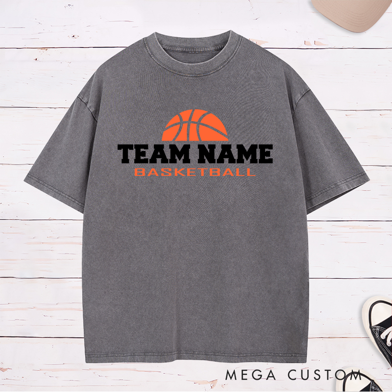 Personalized Basketball Team Washed T-Shirt Design Featuring Bold Customizable Team Name with Classic Basketball Graphic