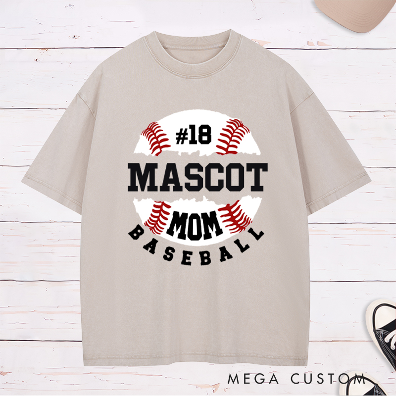 Personalized Baseball Mom Washed T-Shirt with Custom Name and Player Number Design