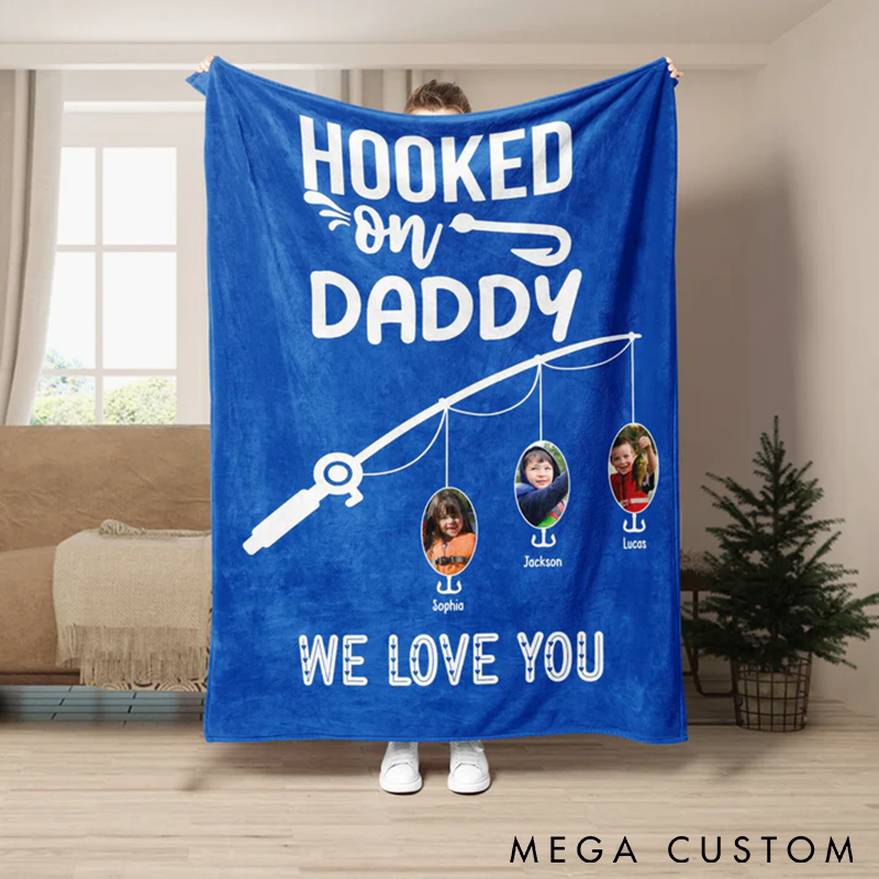 Personalized Fishing Blanket Funny Fishing Blanket for Dad Hooked on Daddy Design Add Kids Photos And Names Soft Gift for Fishing Enthusiast Fathers