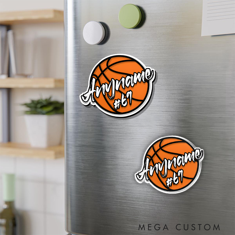 Personalized Basketball Refrigerator Magnet with Custom Name and Jersey Number Stylish Round Design