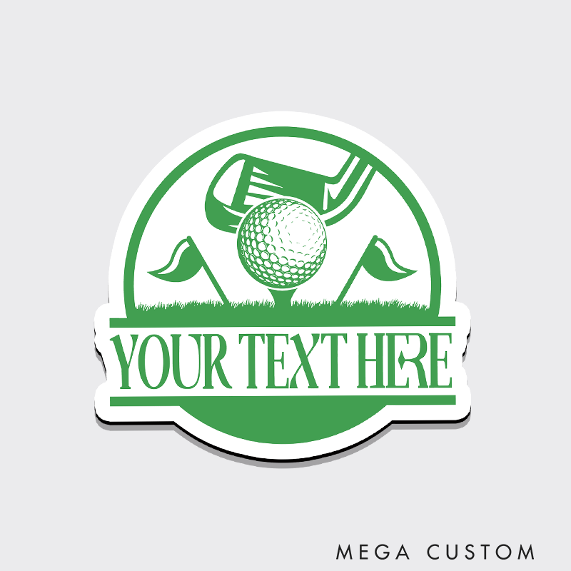 Personalized Golf Refrigerator Magnet with Custom Text Classic Golf Ball Crossed Clubs and Green Themed Scenic Design