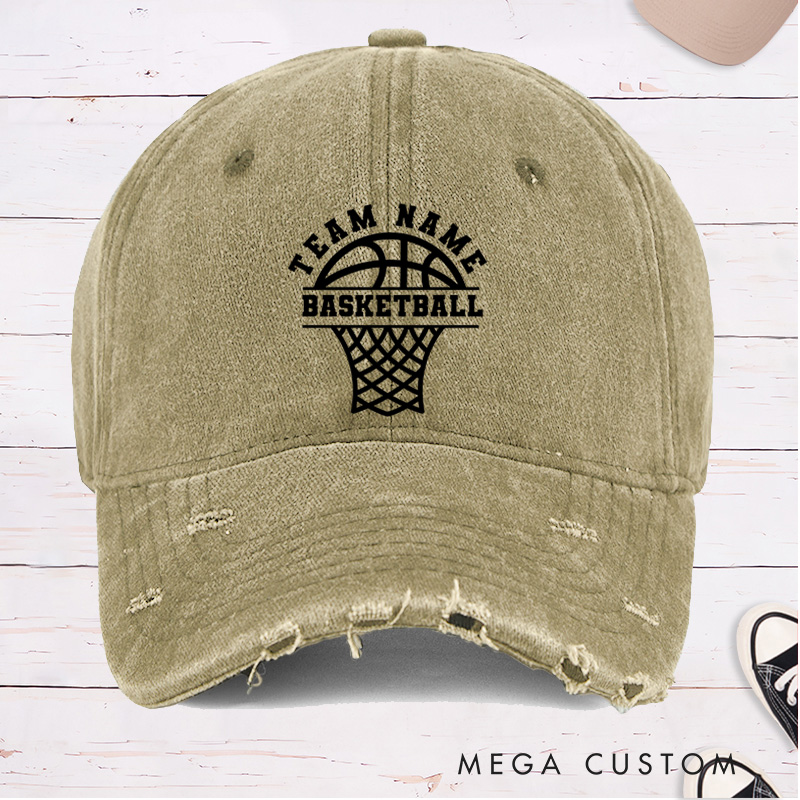 [Copy]Personalized Distressed Denim Basketball Cap with Custom Team Name Mascot and Heart Basketball Graphic Design