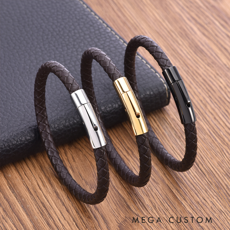 Personalized Braided Leather Bracelet with Custom Name Steel Clasp Religious Jewelry for Men Confirmation Gift Christian Gift for Dad Men Him