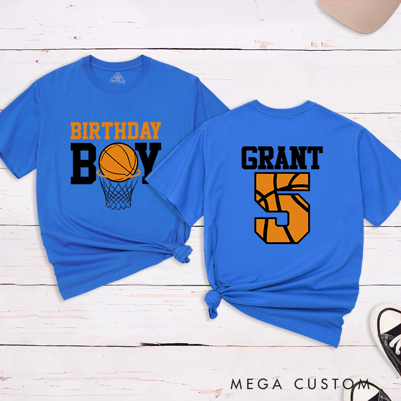 Personalized Birthday Basketball T-Shirt with Custom Name and Age Featuring a Fun Basketball and Hoop Design