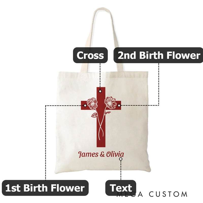 Personalized Cross Birth Flowers Large Bible Carrying Canvas Bag with Text Christmas Baptism Gift for Christian