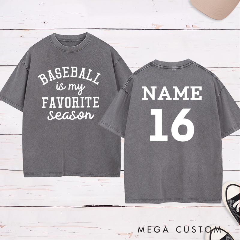Personalized Baseball Season Washed T-Shirt with Custom Name and Number