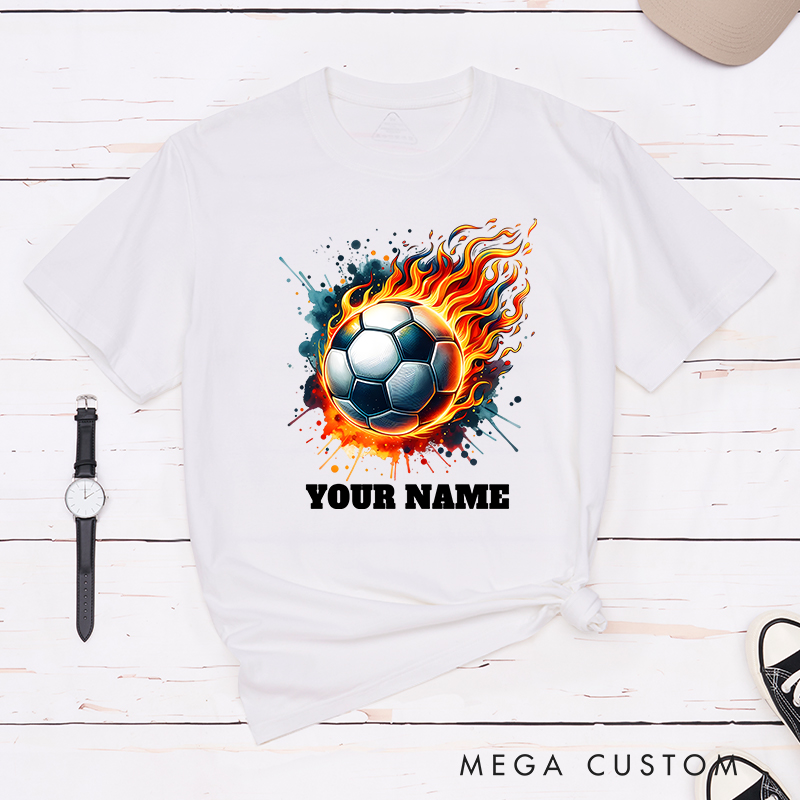 Personalized Flaming Soccer Ball T-Shirt with Custom Name  