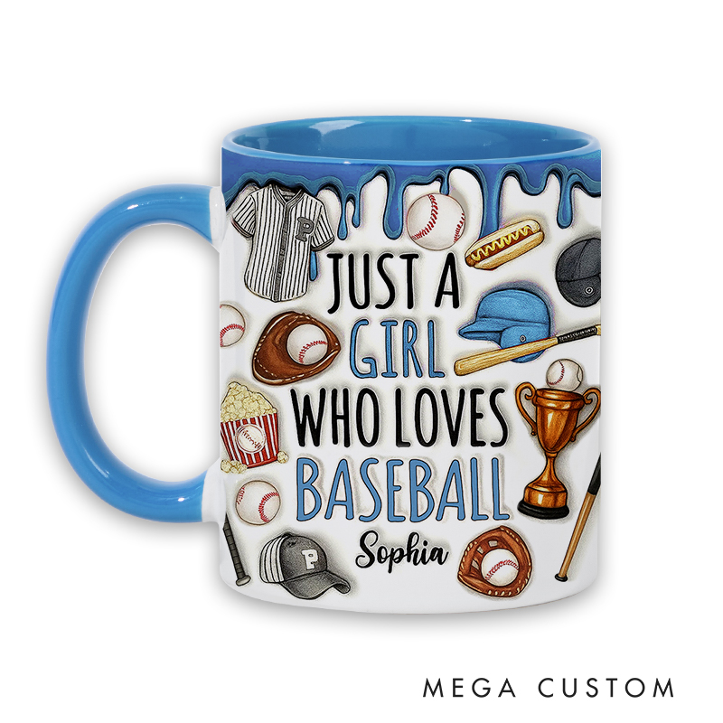 Personalized Baseball Lover’s Mug with "Just a Girl Who Loves Baseball" Design and Custom Name