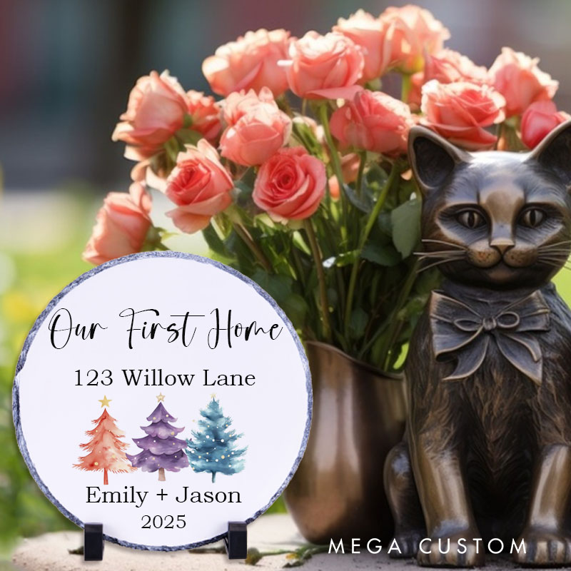Personalized Our First Home Decorative Plaque Custom Festive Tree Design with Address and Names Tabletop Display Perfect for New Homeowners Housewarming Gift Keepsake