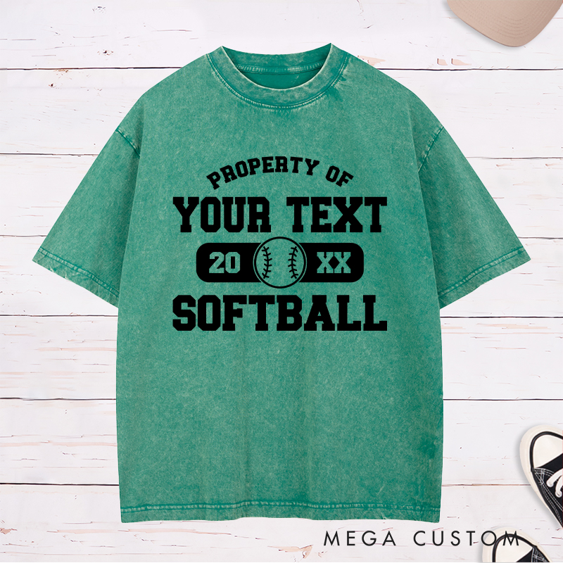 Personalized "Property of" Softball Washed T-Shirt Design Featuring Custom Text Year and Central Softball Graphic for a Classic Team Look
