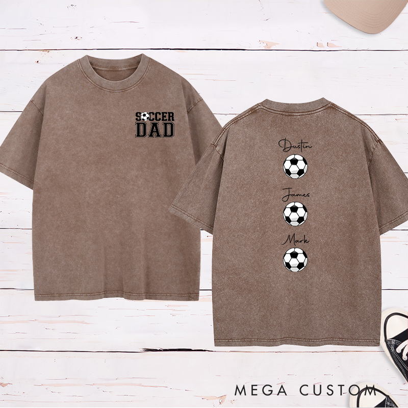 Personalized Soccer Dad Washed T-Shirt with Custom Kids’ Names and Ball Graphics