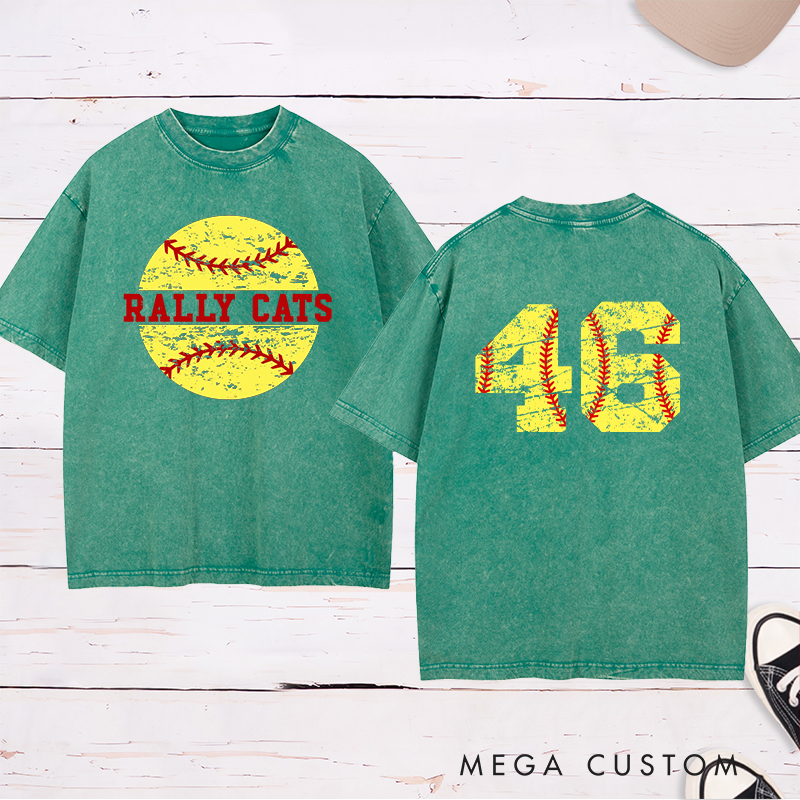 Personalized Softball Washed T-Shirt Design Featuring Custom Team Name Distressed Softball Graphic and Bold Jersey Number on the Back