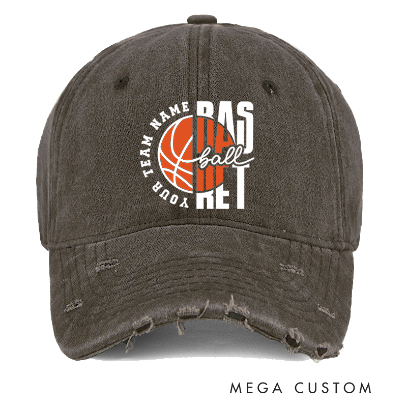 Personalized Basketball Distressed Cap with Custom Team Name and Bold Basketball Graphic Design