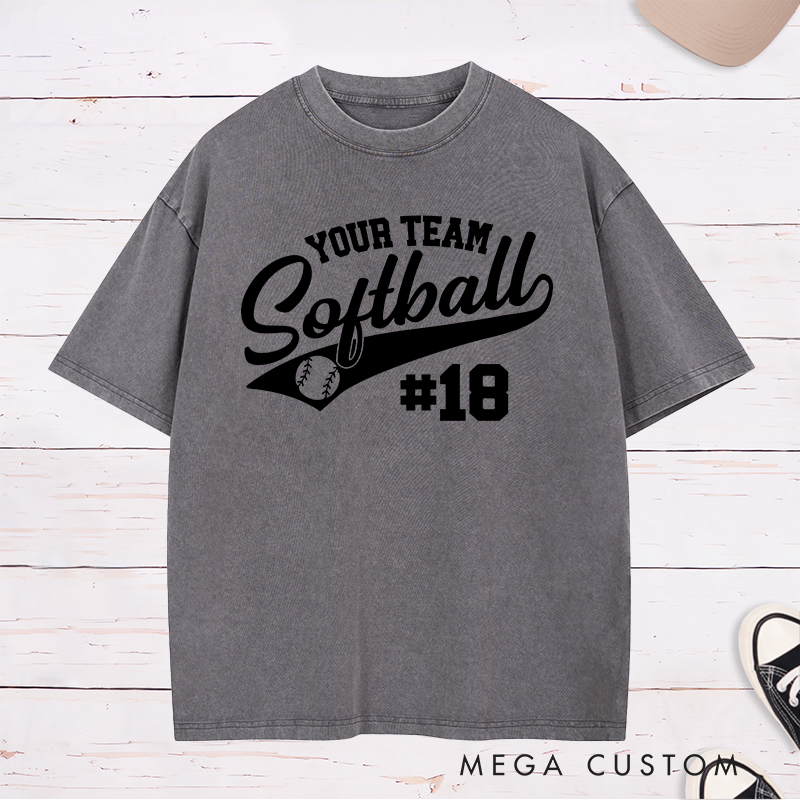 Personalized Softball Team Washed T-Shirt Design Featuring Customizable Team Name Elegant Script Softball Text Dynamic Swoosh Element Baseball Graphic and Custom Player Number
