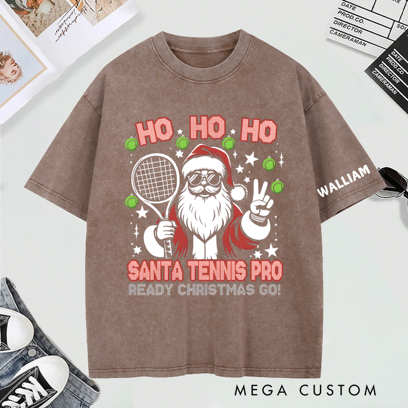Personalized "Santa Tennis Pro" Christmas Washed T-Shirt with Custom Name