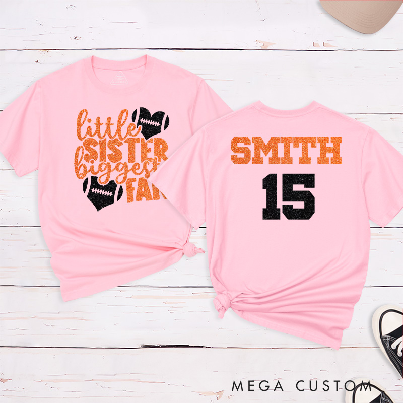 Personalized American Football and Rugby T-Shirts for "Little Sister Biggest Fans" with Custom Name and Number on the Jersey