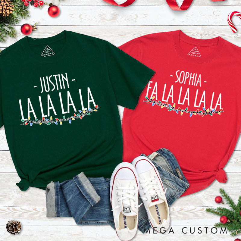 Personalized Couple La La La La La with String Lights Christmas Matching T-Shirt Couple Xmas T-Shirt for Husband Wife Boyfriend Girlfriend