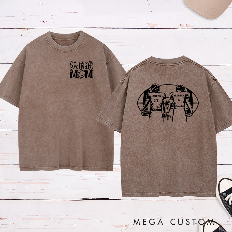 Personalized American Football Mom Washed T-Shirts with Custom 2 Player Name and Number