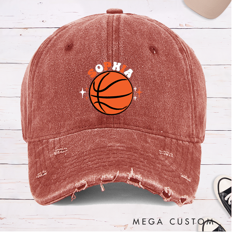 Personalized Distressed Basketball Cap with Custom Name Bold Basketball Graphic and Star Accent Design