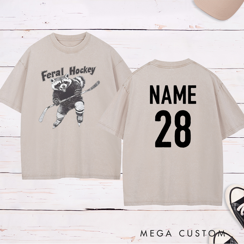Personalized "Feral Hockey" Raccoon Washed T-Shirt with Custom Name and Number