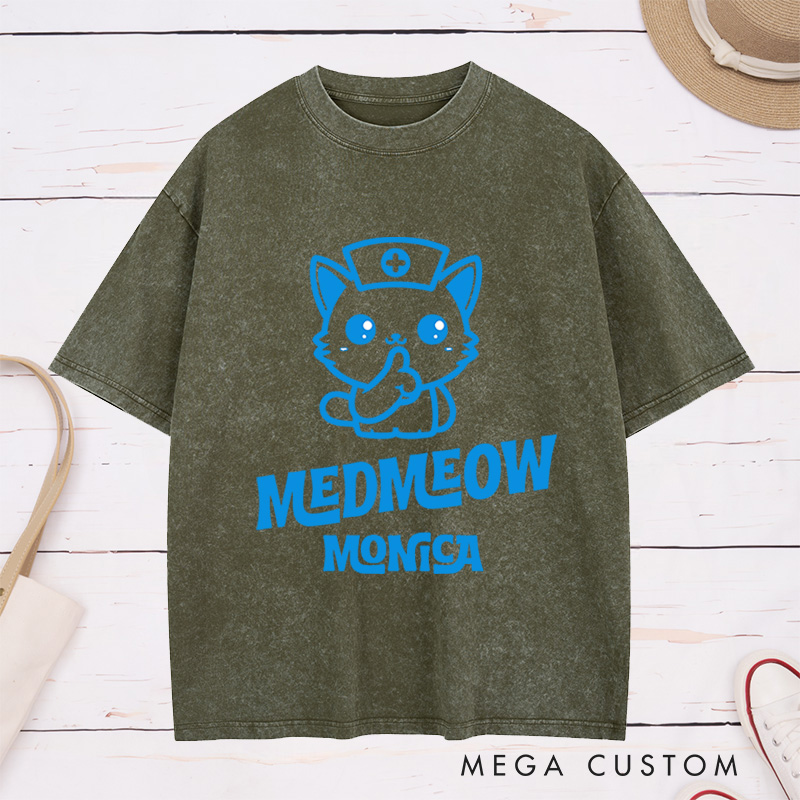 Personalized Nurse Washed T-Shirt Customized Nurse Cat Design Washed T-Shirt 