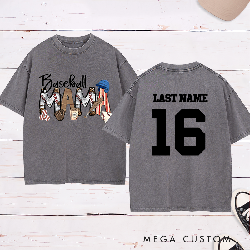Personalized Leopard Print "Baseball Mama" Washed T-Shirt with Custom Name and Number